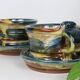 Set of 2 stoneware mugs with saucers, artisanal pottery, 1980