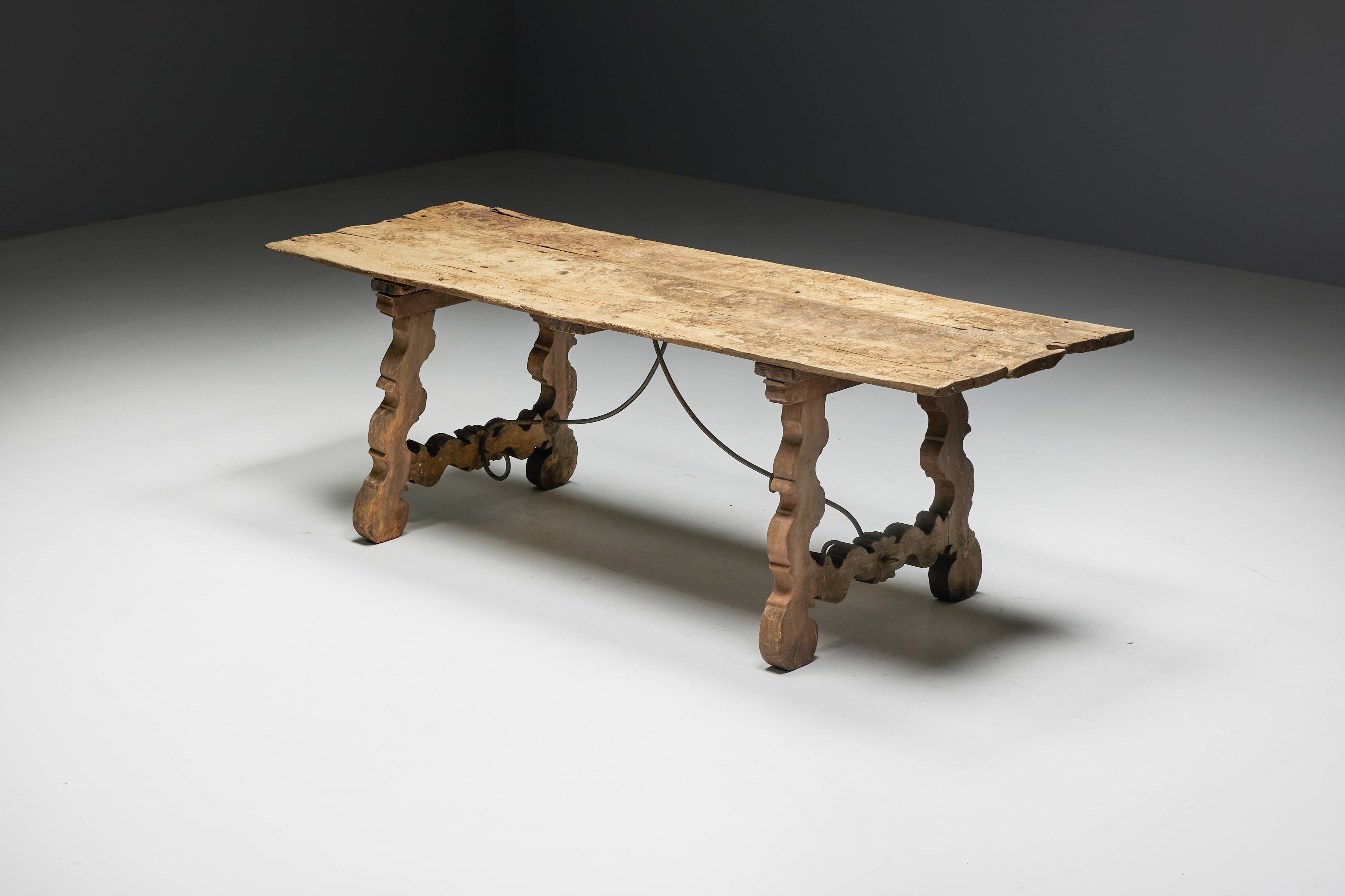 Table à Tréteaux Rustique d'Art Populaire, Espagne, 19ème Siècle