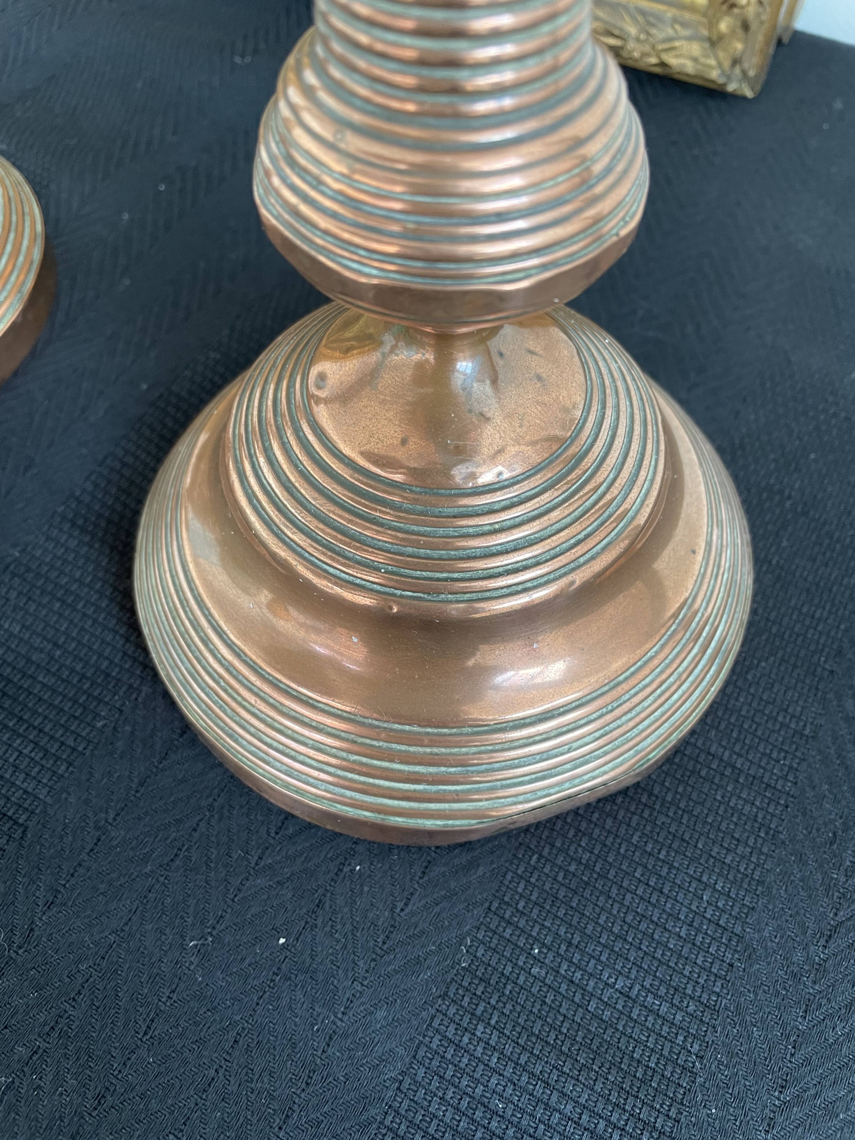 Antique, pair of candle holders, copper, brass, candle, goldsmith hallmark, old, large, massive, France
