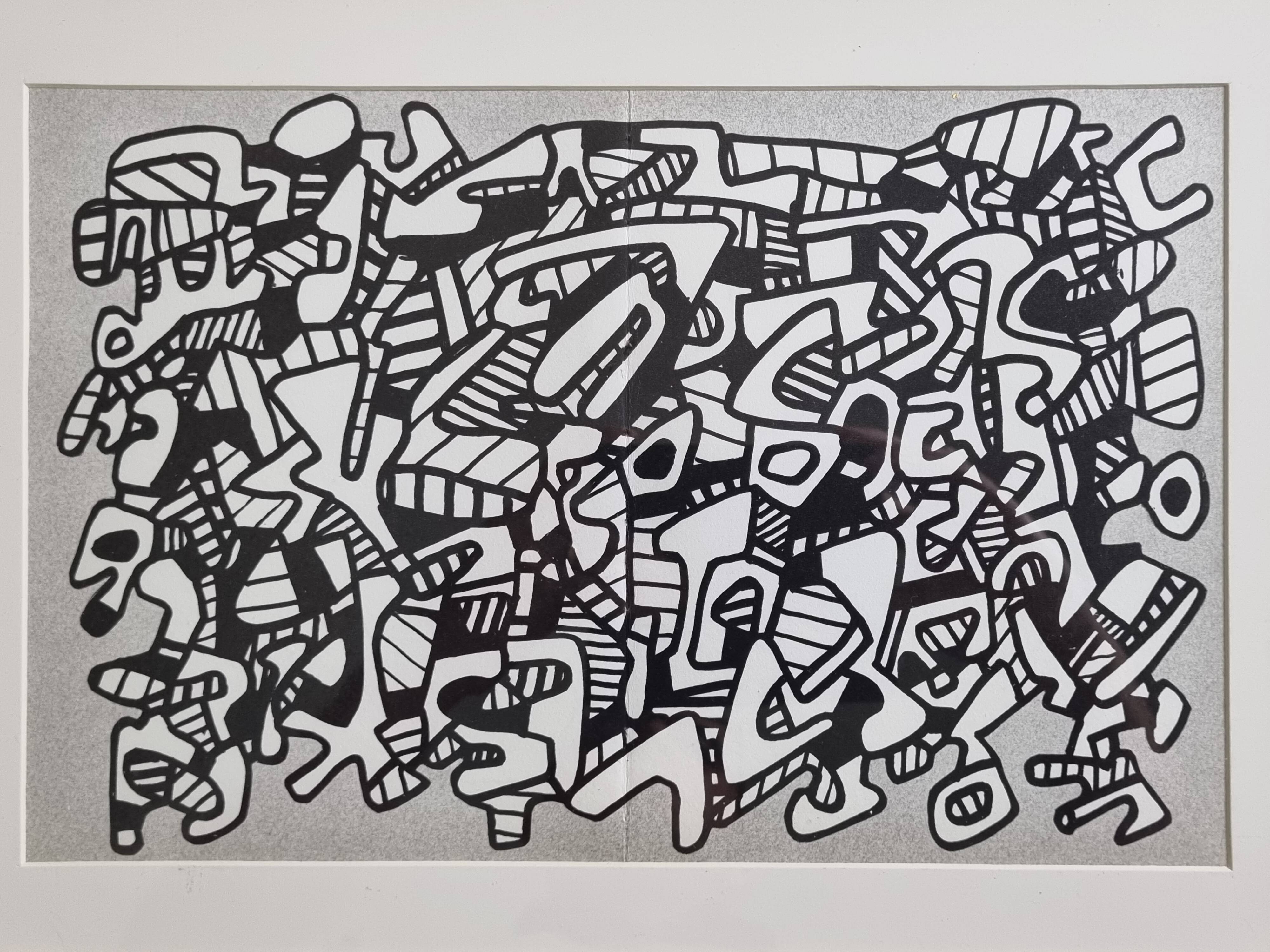 Sérigraphie encadrée sous verre d'après Jean Dubuffet, en noir et blanc, années 70, 40 x 29