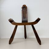 Brutalist hand carved oak Spanish tripod chair , 1970s