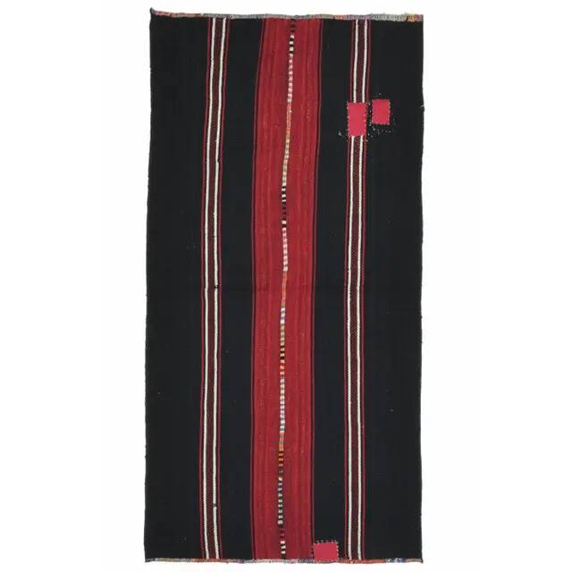 1970s Turkish Hand-Knotted Wool Cotton Black Kilim Runner Rug 118x238