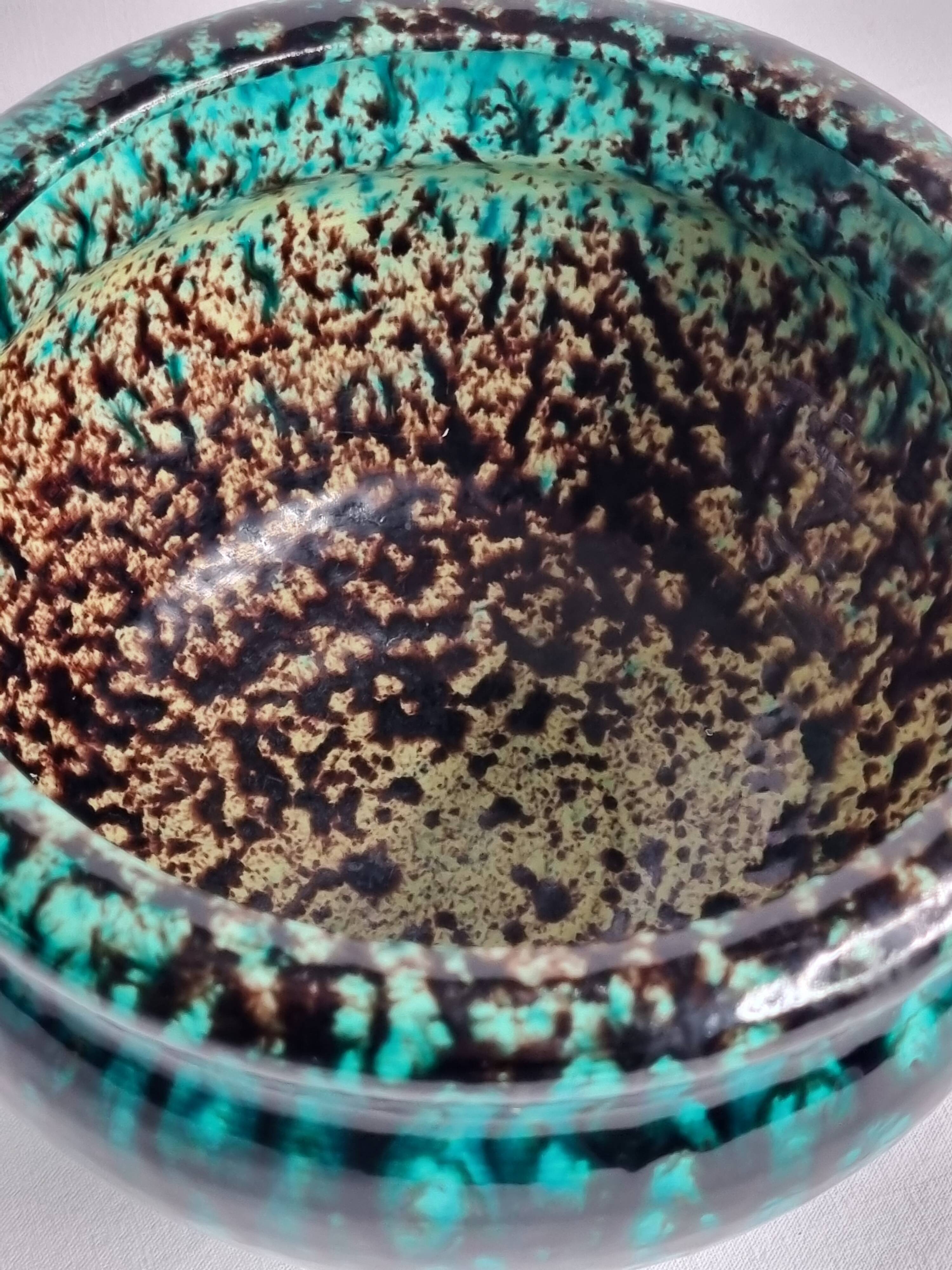 Turquoise and black glazed stoneware bowl – signed Accolay