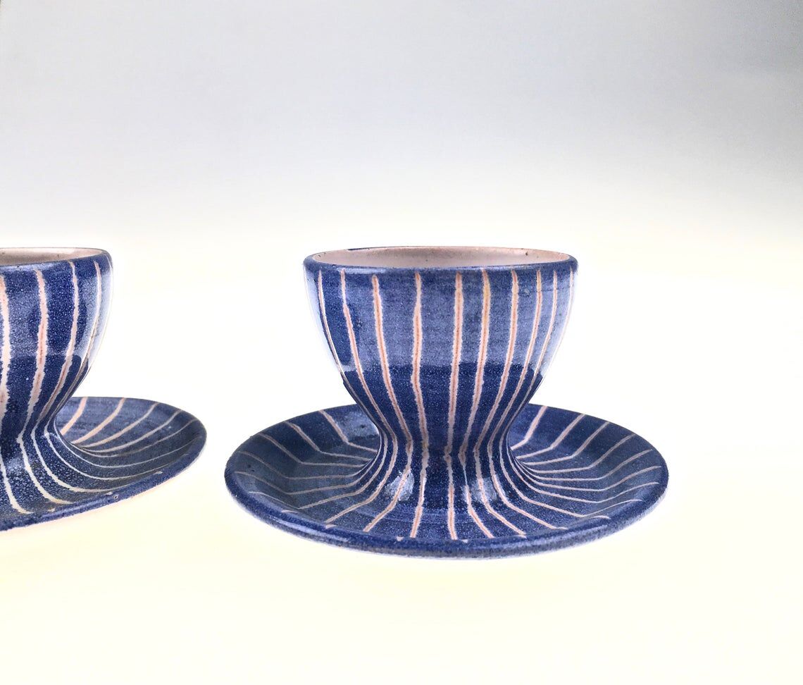 Set of 2 cups of eggs in blue Vallauris ceramic by Robert Picault 1950