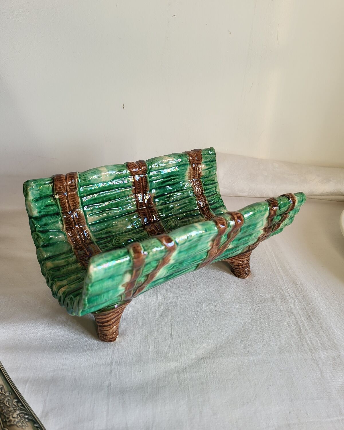 Dish and Asparagus Drainer in Green Barbotine Earthenware