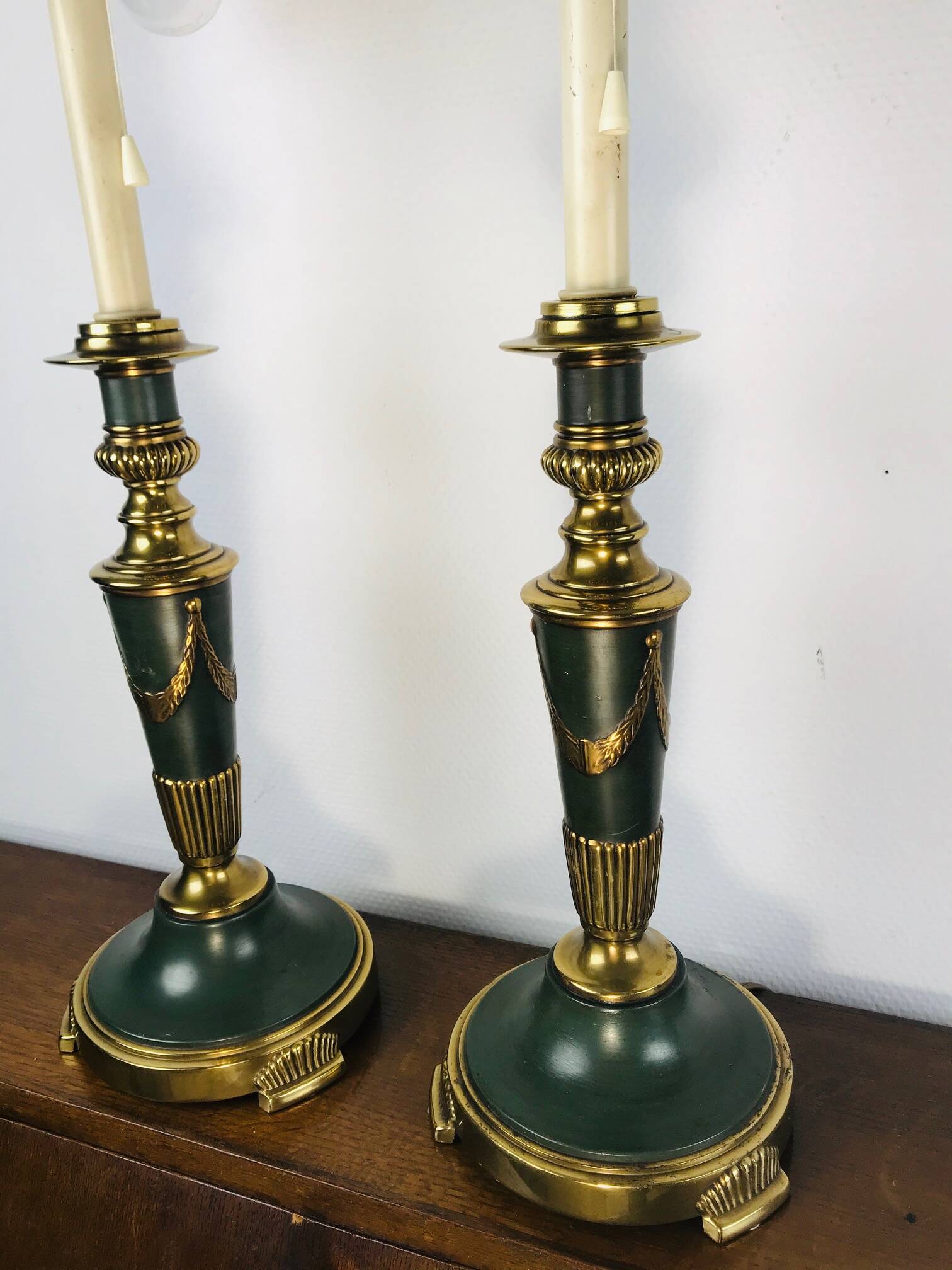 Vintage dutch brass and green table lamps from kullmann, 1970s, set of 2 table lamps. baroque