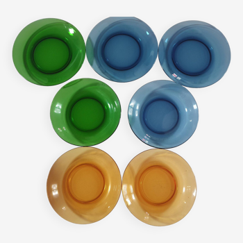 Set of duralex plates blue green and yellow color