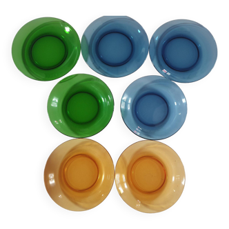 Set of duralex plates blue green and yellow color