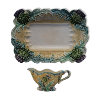 Saucière, asparagus and artichokes dish in slip, signed De Bruyn, Manufacture de Fives-Lille