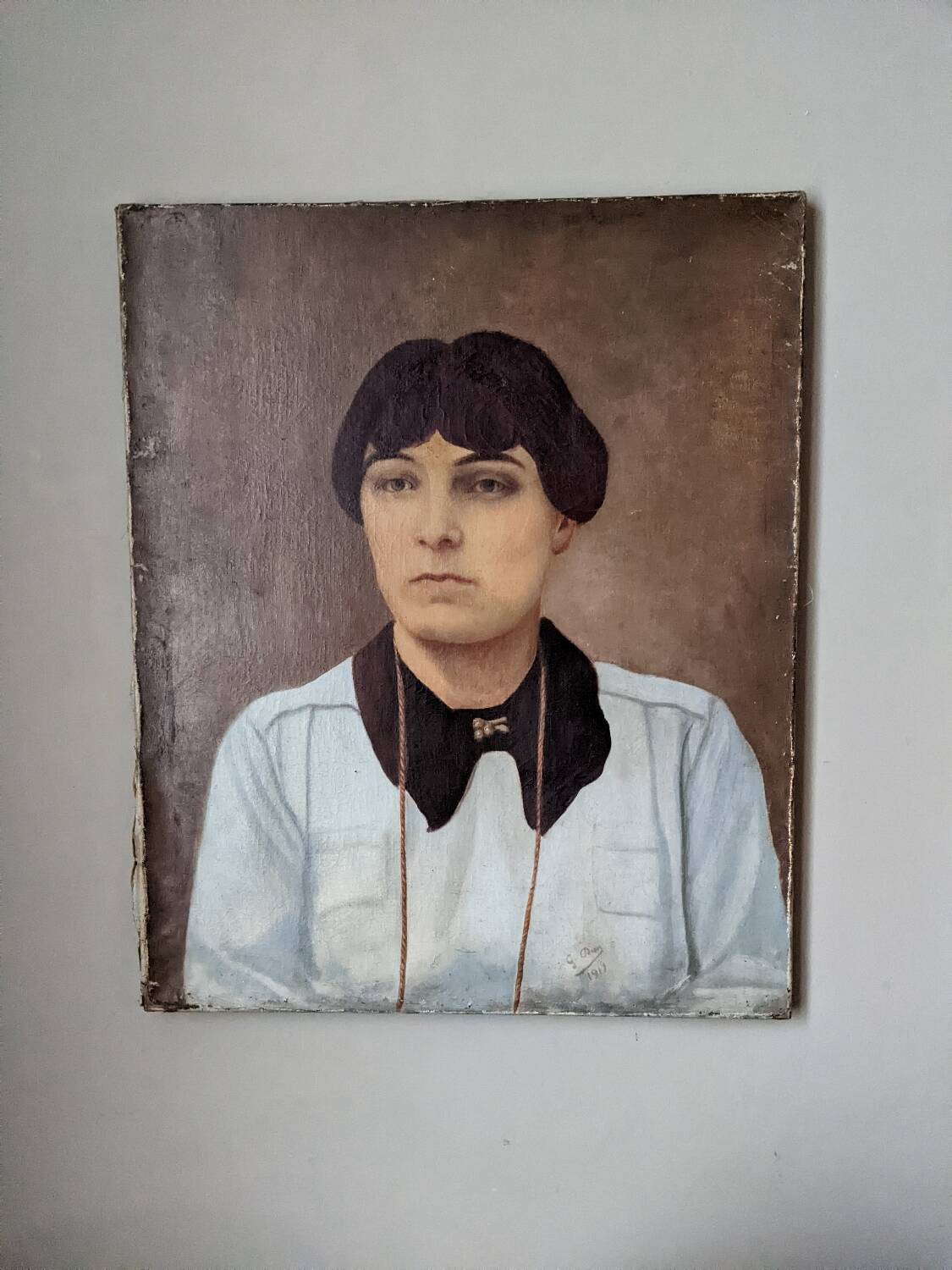 Antique painting, portrait, oil on canvas, bohemian country decor