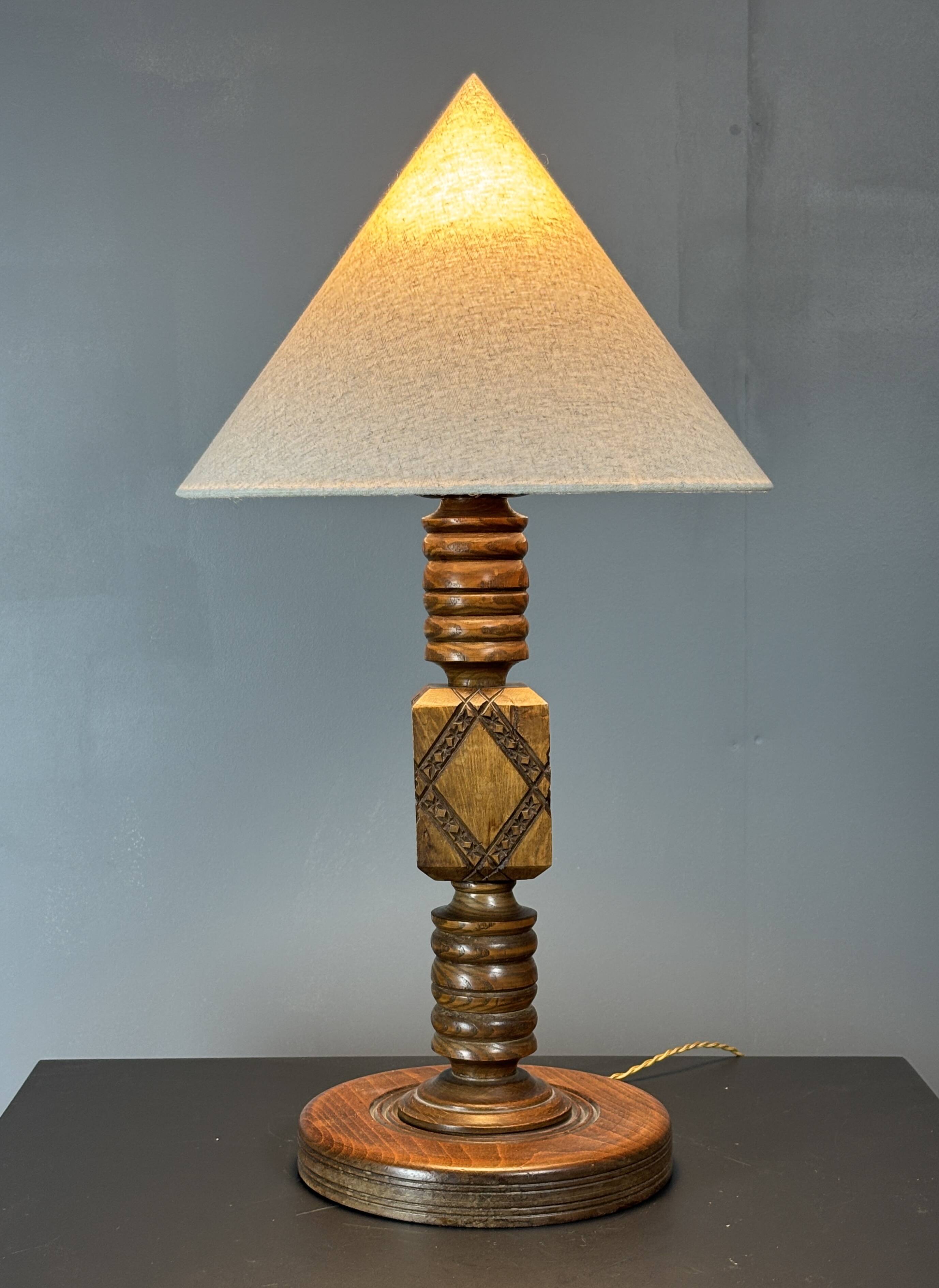 Midcentury brutalist wood turned table lamp in the style of Charles Dudouyt