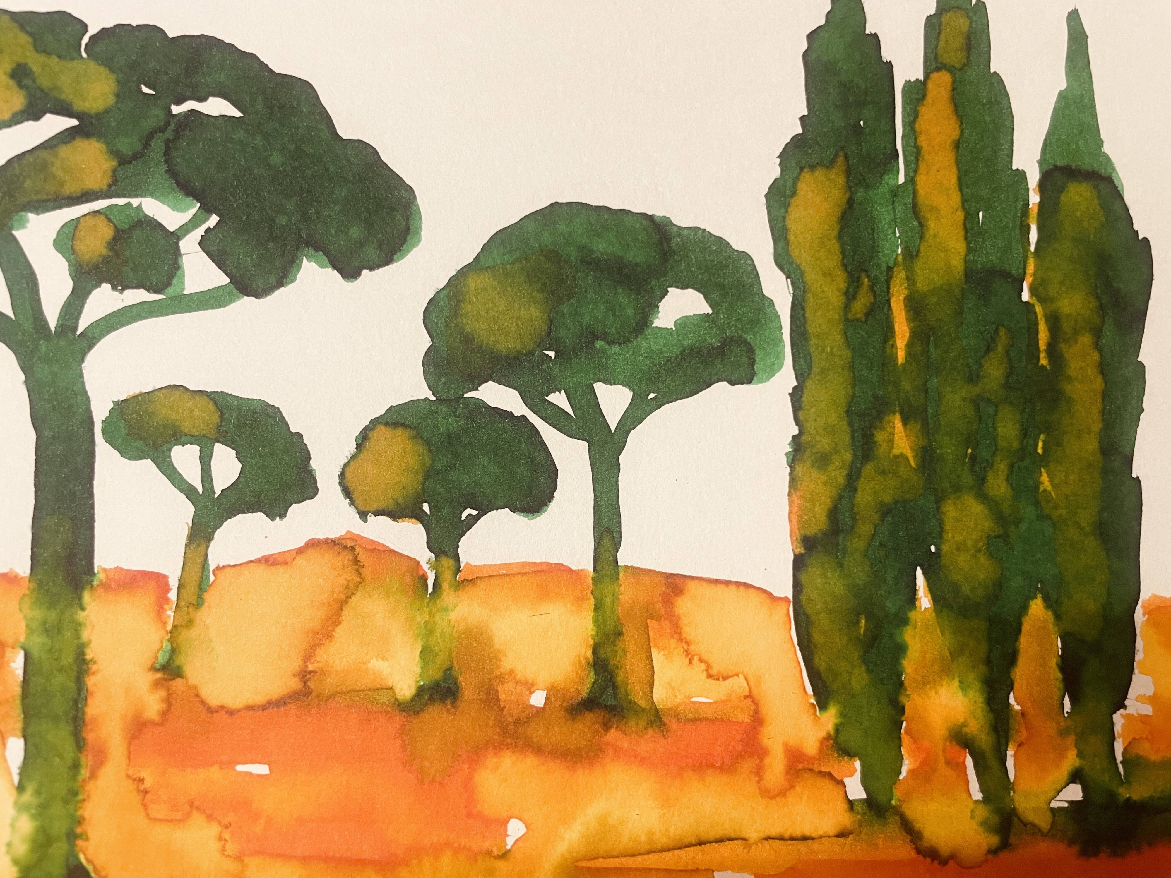 Tableau signé paysage « Lever de soleil provençal dans la pinède »