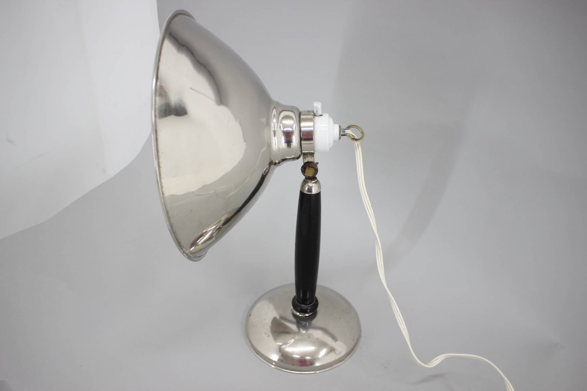 1950s Industrial Chrome & Wood Table Lamp with Ceramic Switch, Czechoslovakia