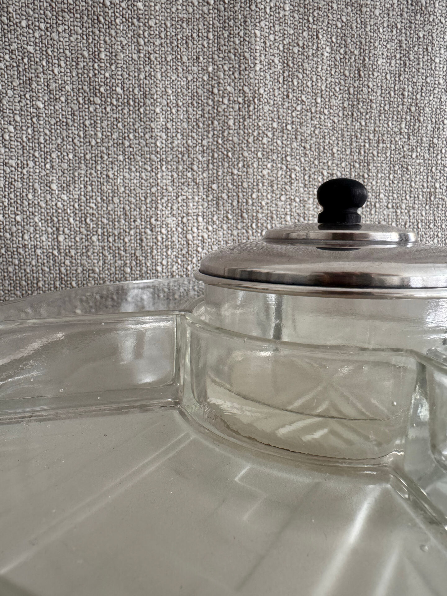 Art Deco silver-plated metal and glass serving platter for appetizers.