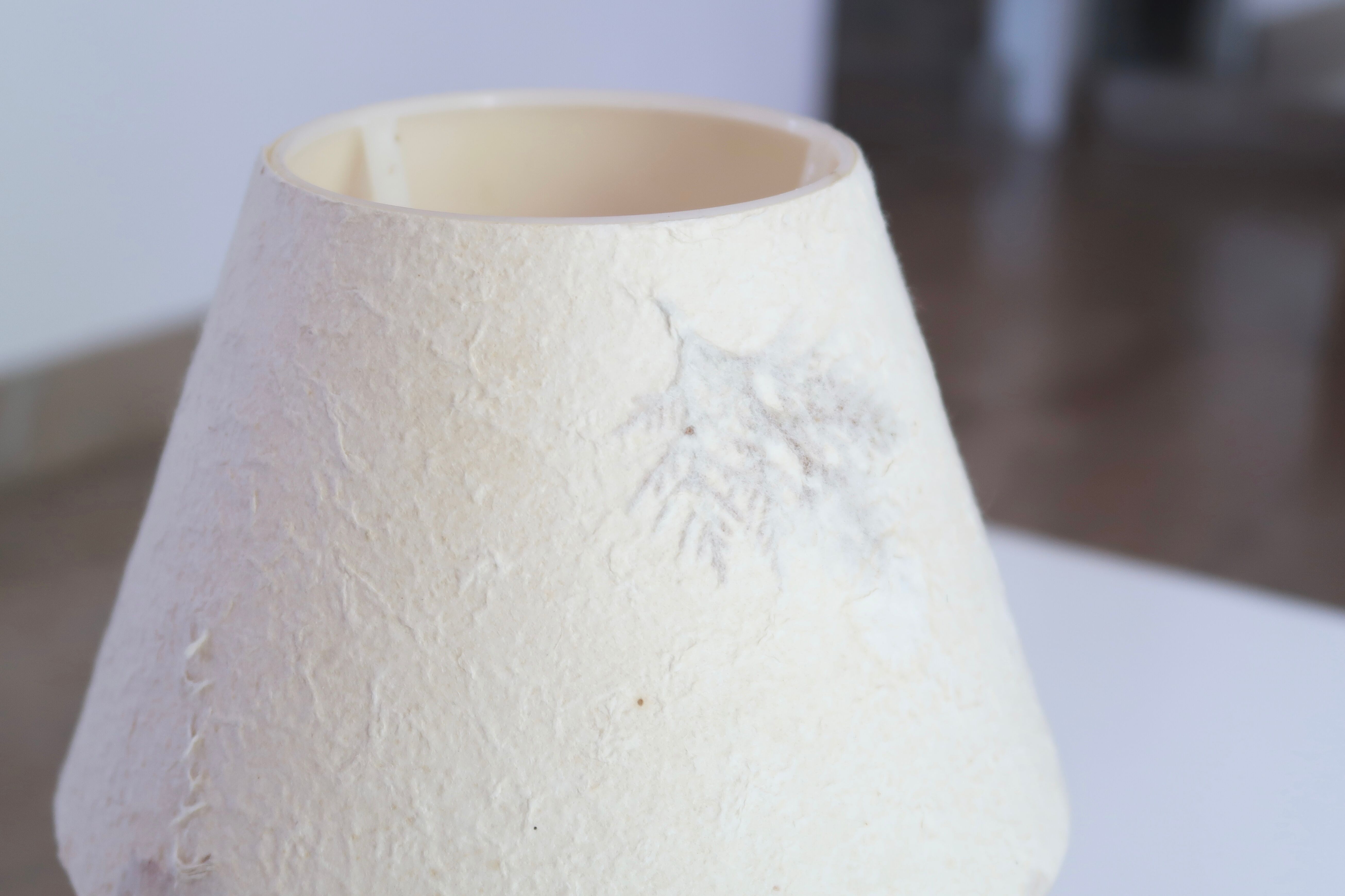 Red wooden lamp with herbarium-style lampshade from the 70s