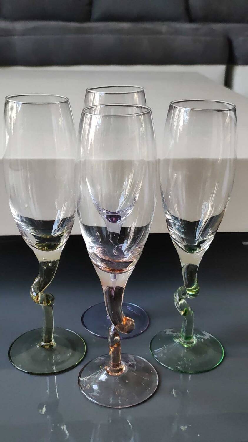 Lot 4 Large Champagne Flutes/Twisted design foot, colorful. High 22.5 cm