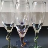 Lot 4 Large Champagne Flutes/Twisted design foot, colorful. High 22.5 cm