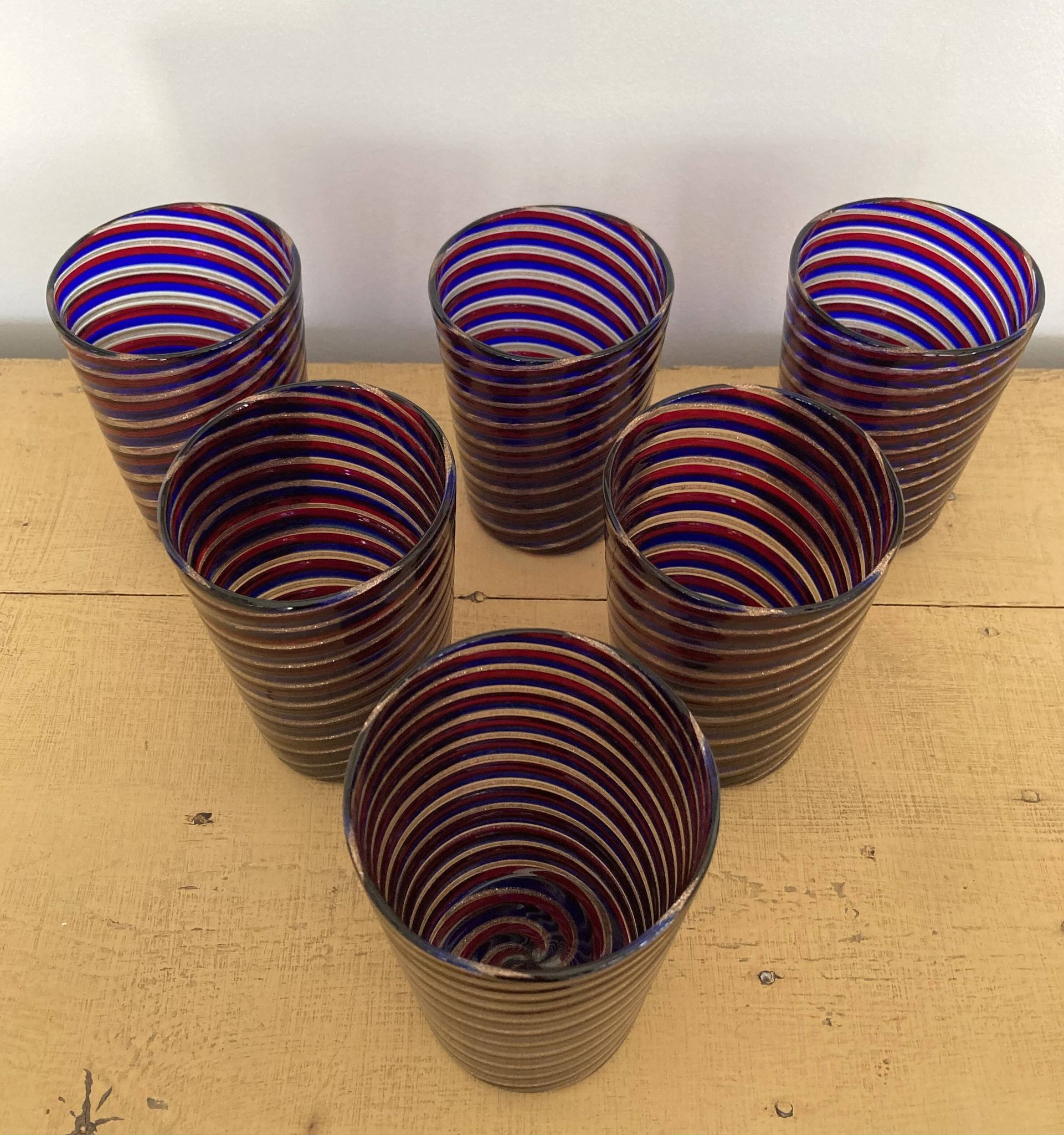 6 verres gobelets d'art Murano spirales tricolores