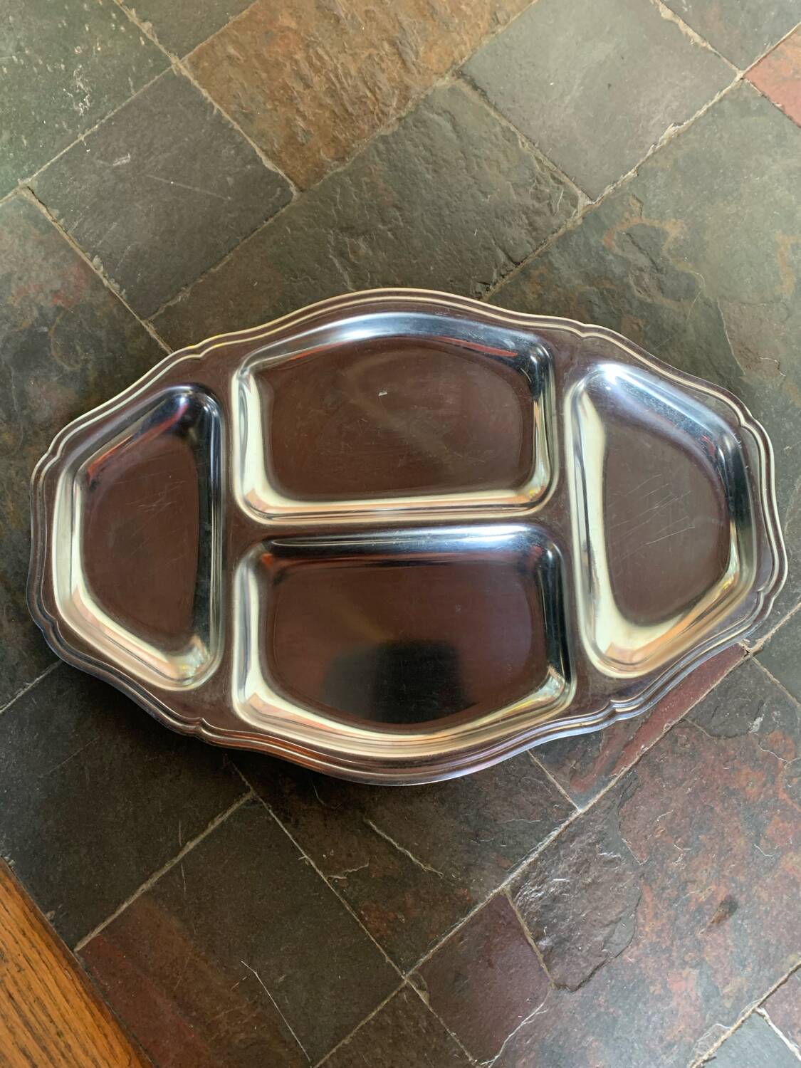 Vintage stainless steel large serving tray – meat & vegetable compartments