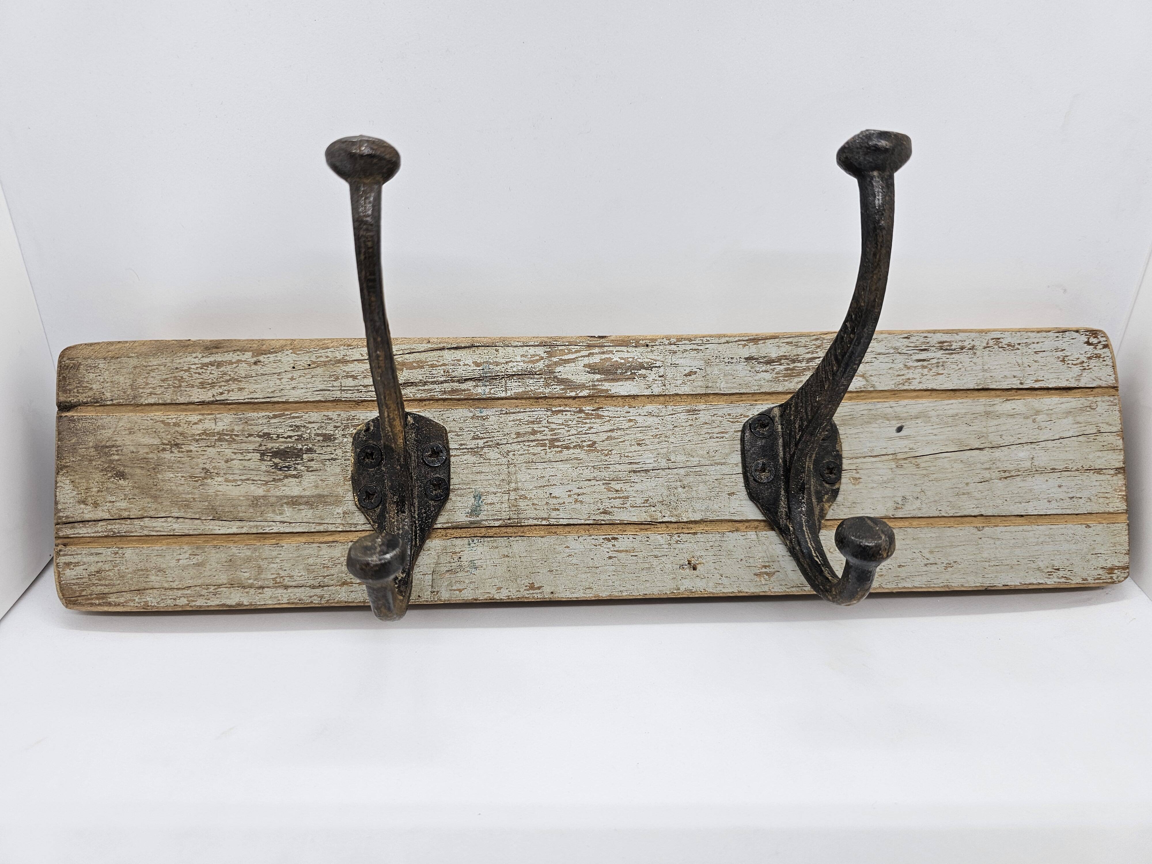 Solid teak coat hook with 2 double cast iron hooks