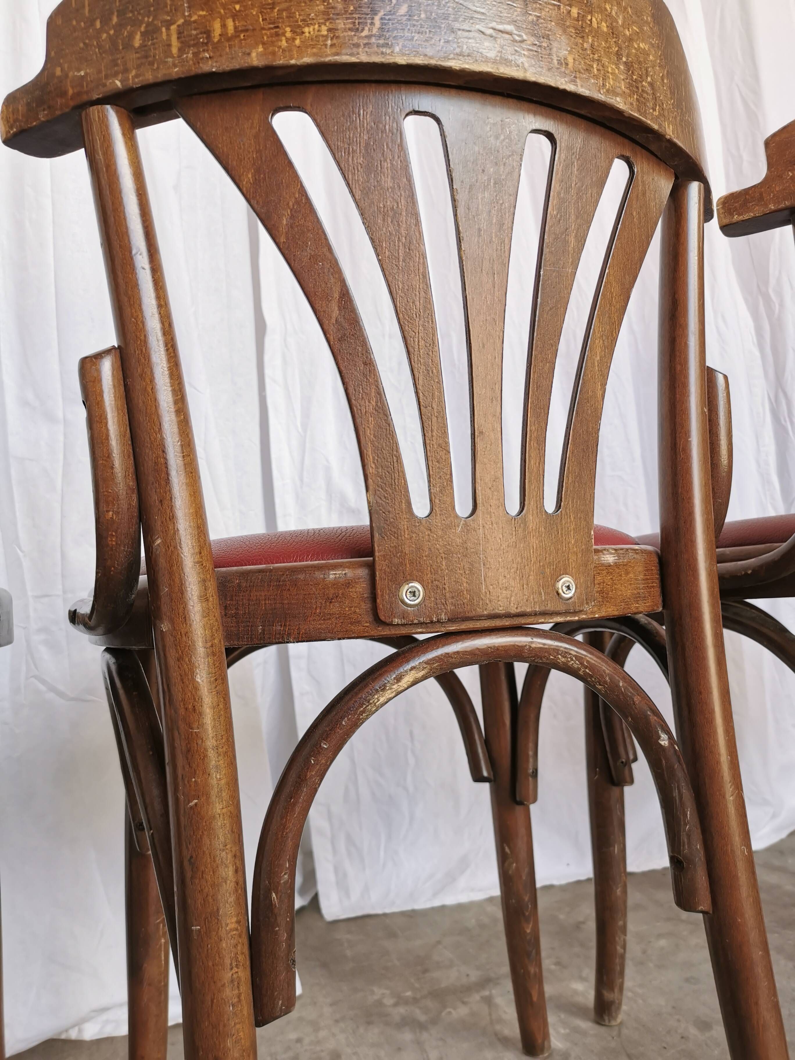 Vintage Bentwood Dining Chairs - Thonet Style - Red Faux Leather - Set of 4