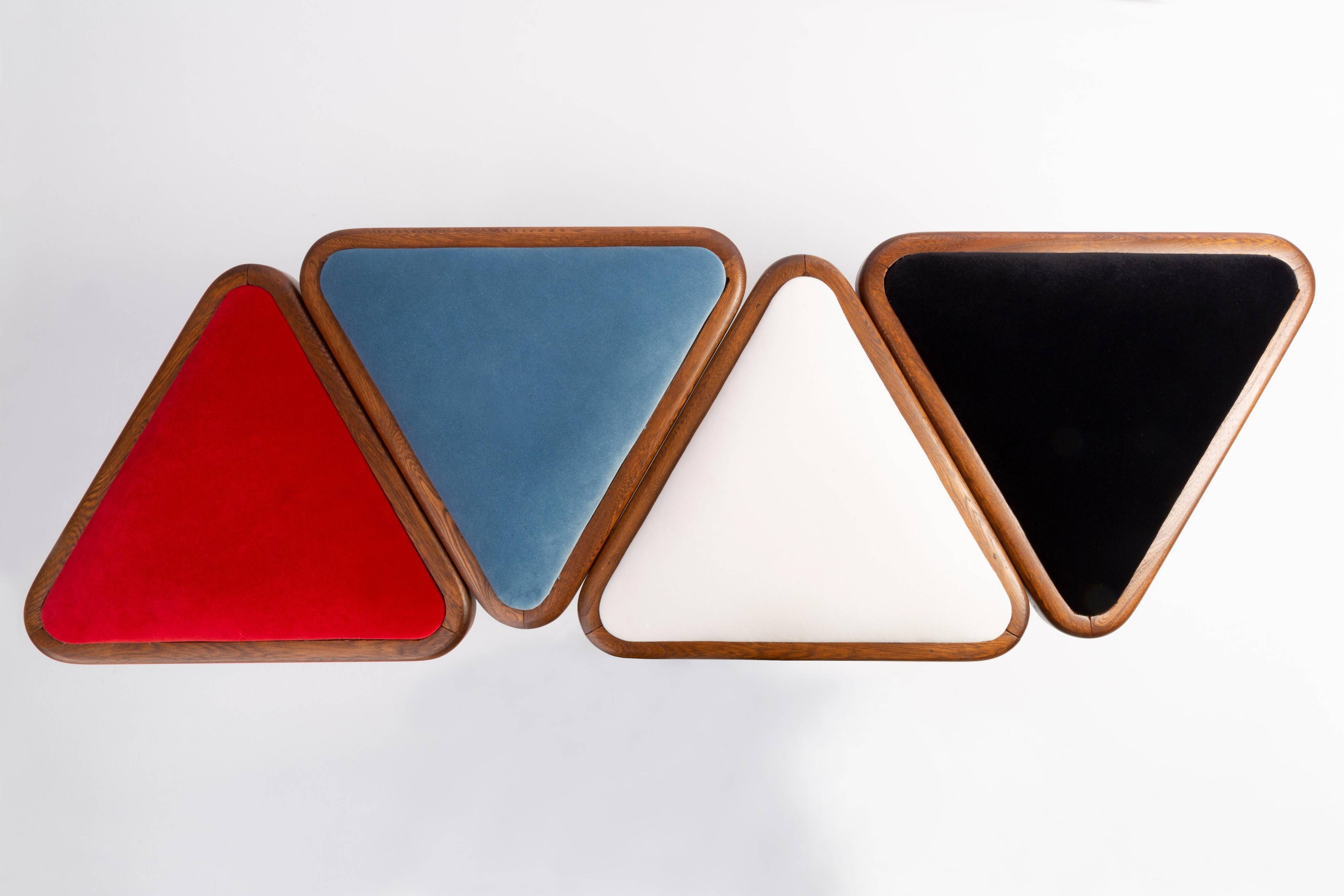 Set of two triangular stools in black and white velvet, Europe, 1960s.