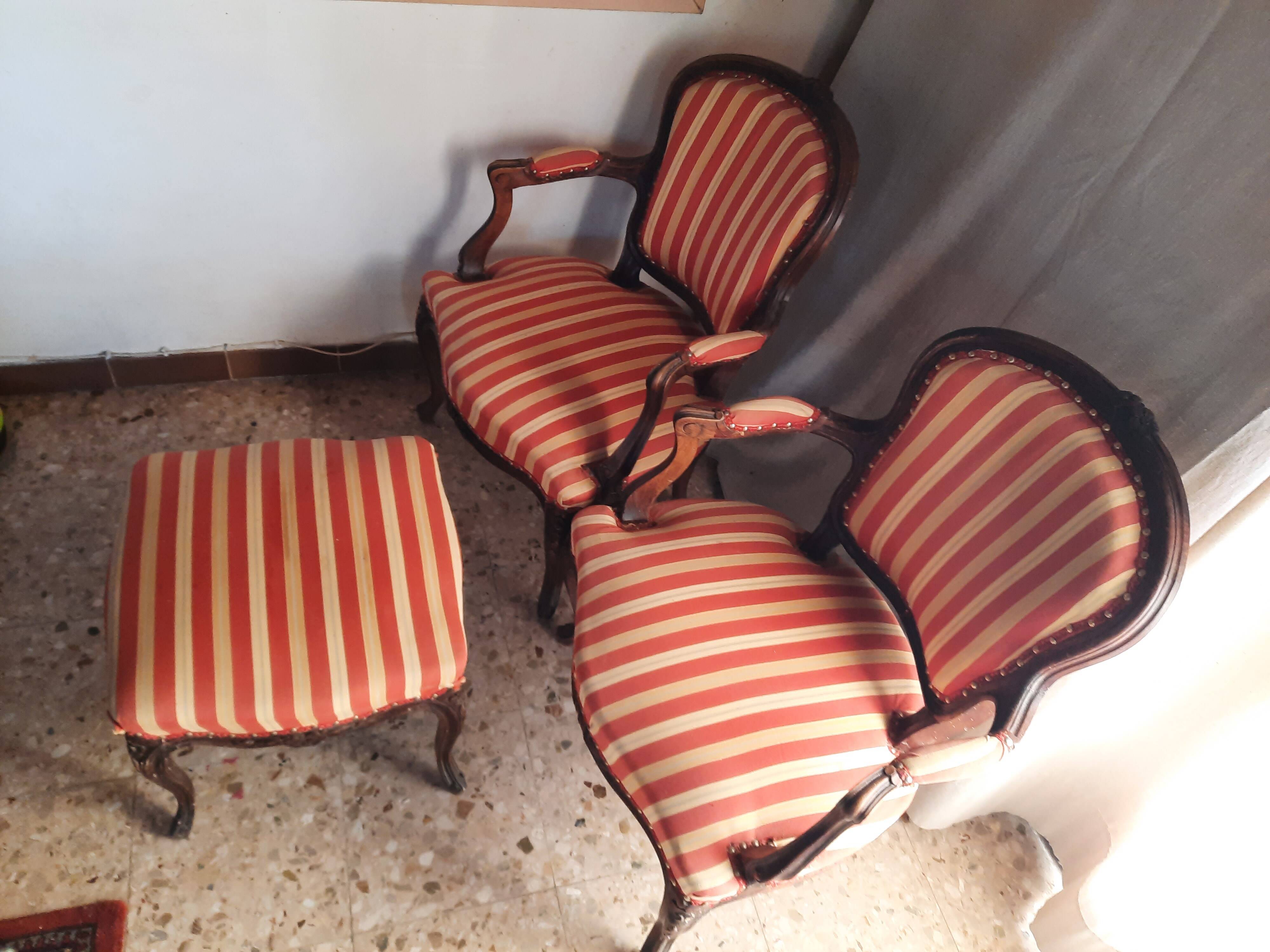 Pair of armchairs + stool in antique Louis XV style