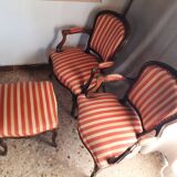 Pair of armchairs + stool in antique Louis XV style