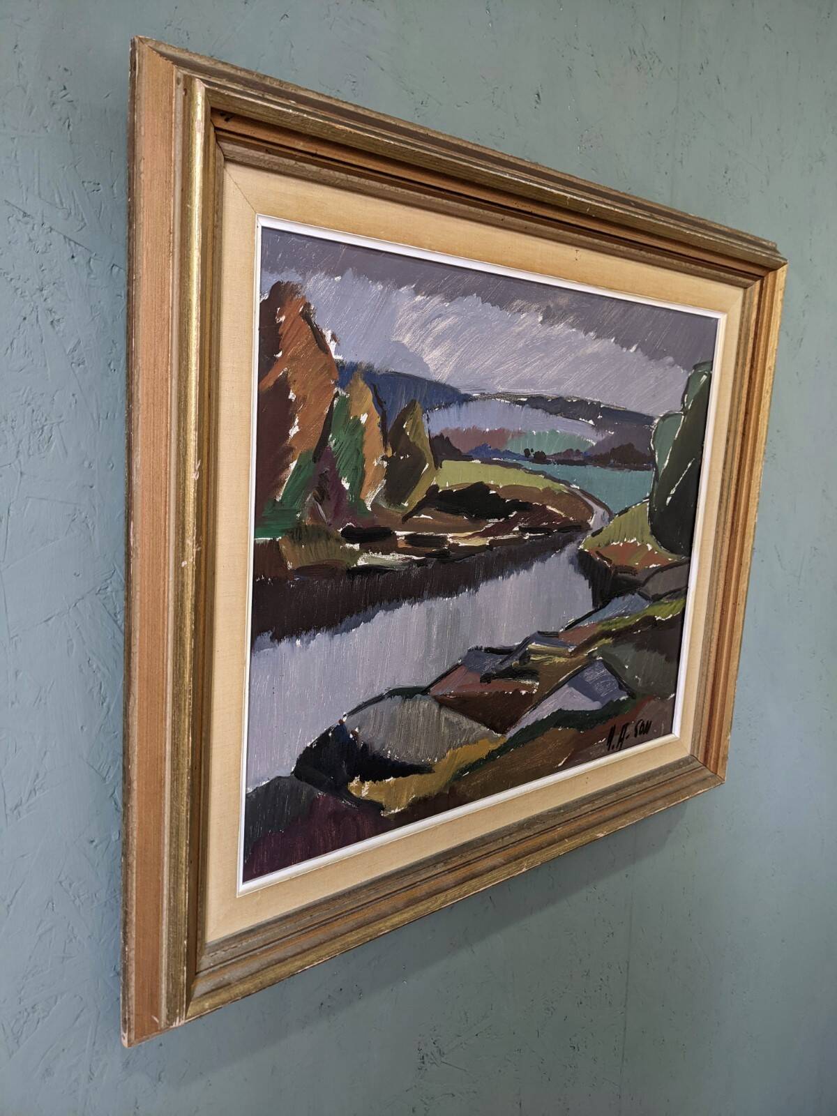 Mid-Century Modern "Meander" Vintage Expressionist River Landscape Oil Painting, Framed