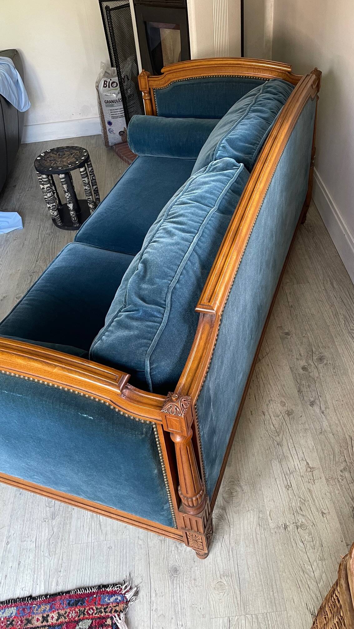 Jean Roche Vintage Wood and Velvet Sofa
