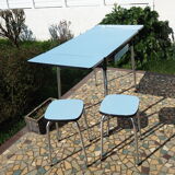 Blue formica table and two stools