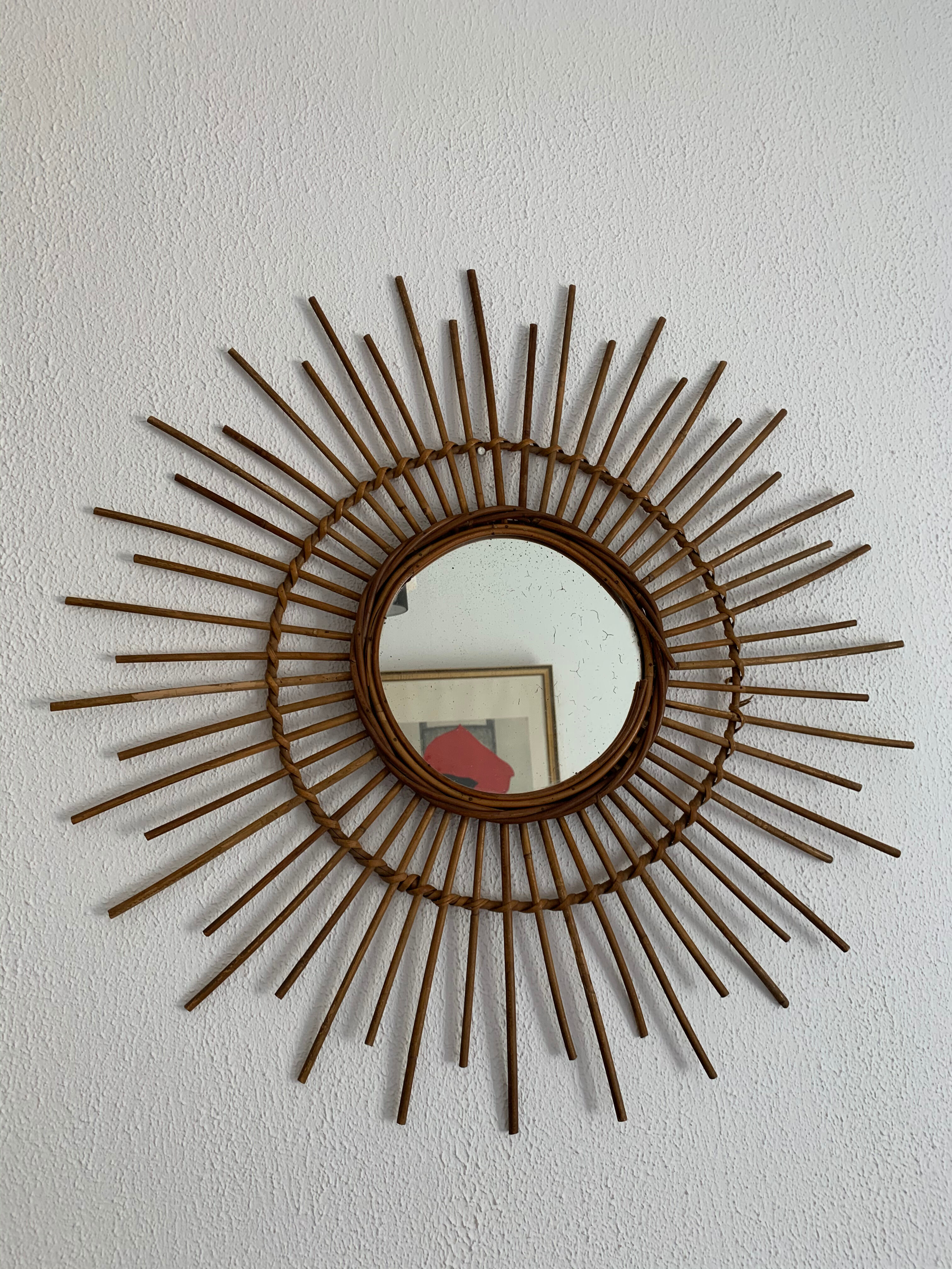 Miroir vintage 1960 soleil rotin - 78 cm