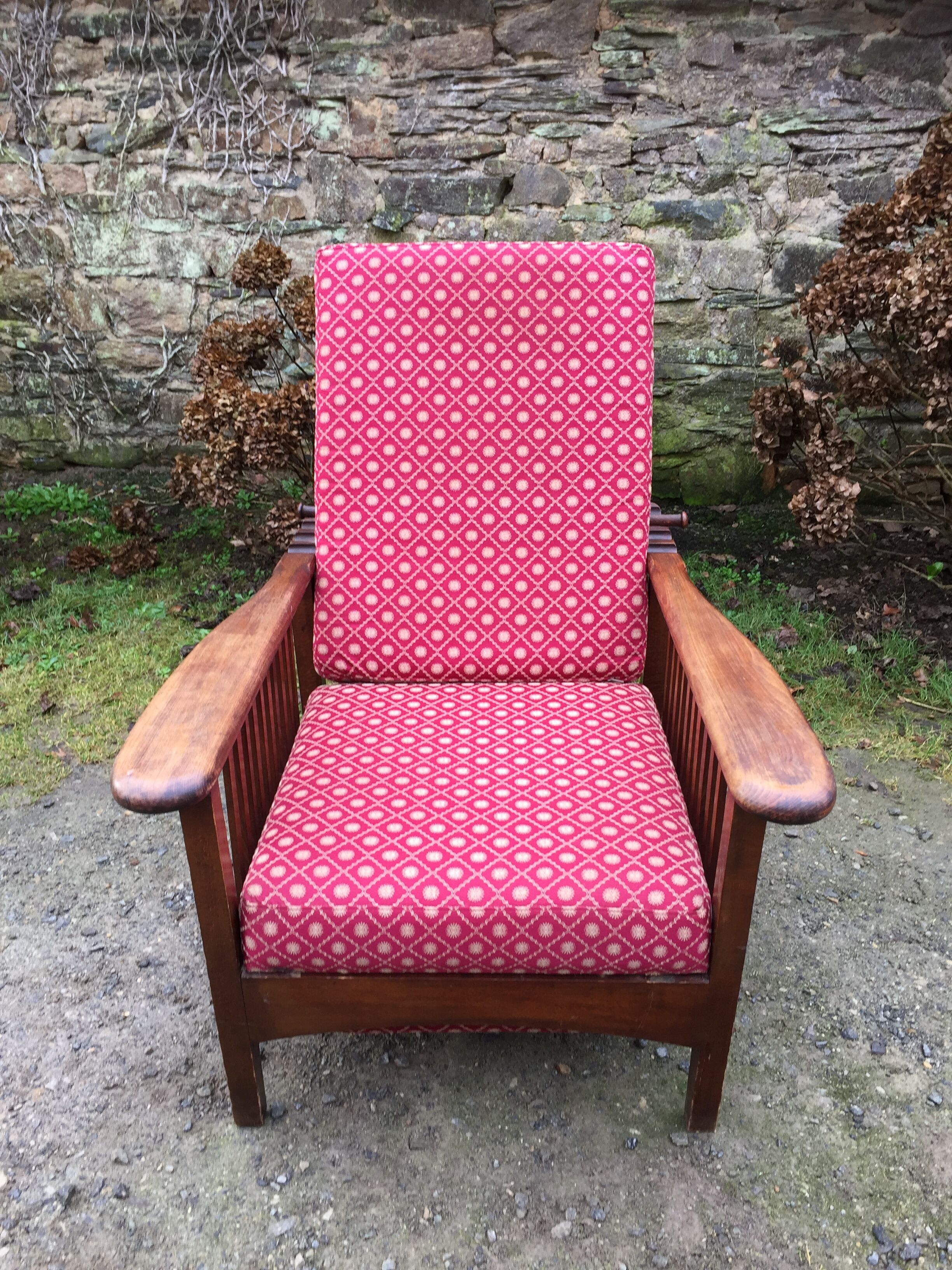 Vintage morris armchair in beech and fabric bordeaux napoleon iii