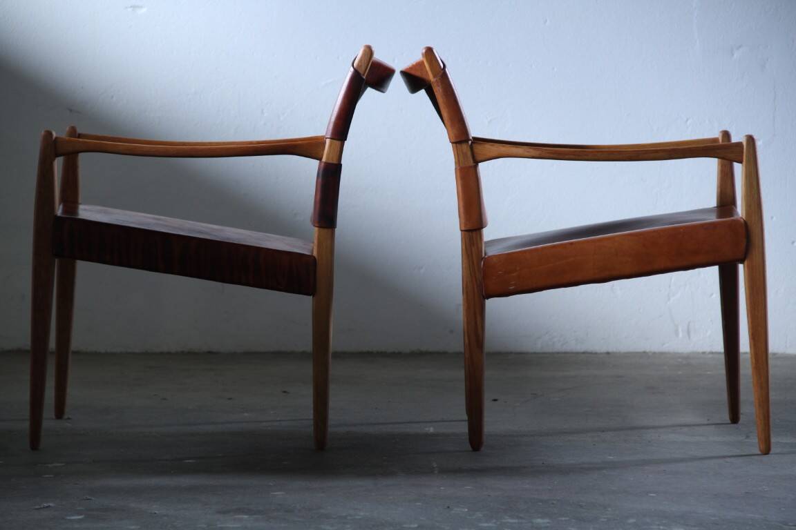 Pair of vintage Per-Olof Scotte "Premier 69" oak armchairs in cognac leather