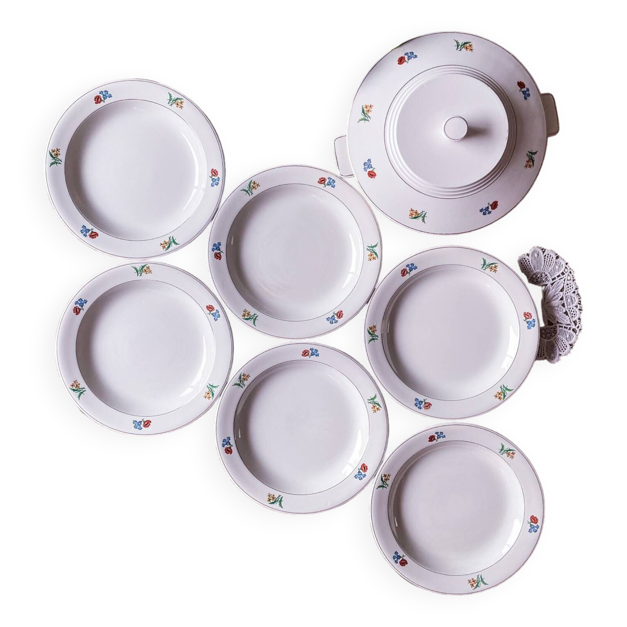 Gien flower service: 6 plates + 1 tureen