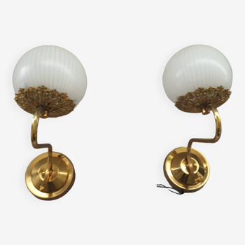 Pair of brass and glass wall lights