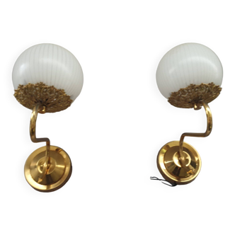 Pair of brass and glass wall lights