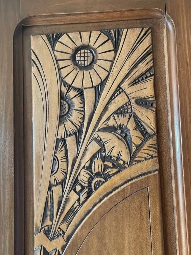 Antique 3-door Art Deco wardrobe in wood with mirror