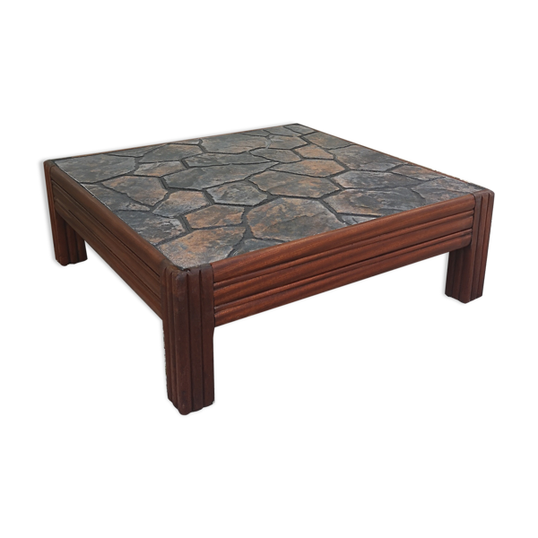 Table basse carrée en chêne et plateau céramique