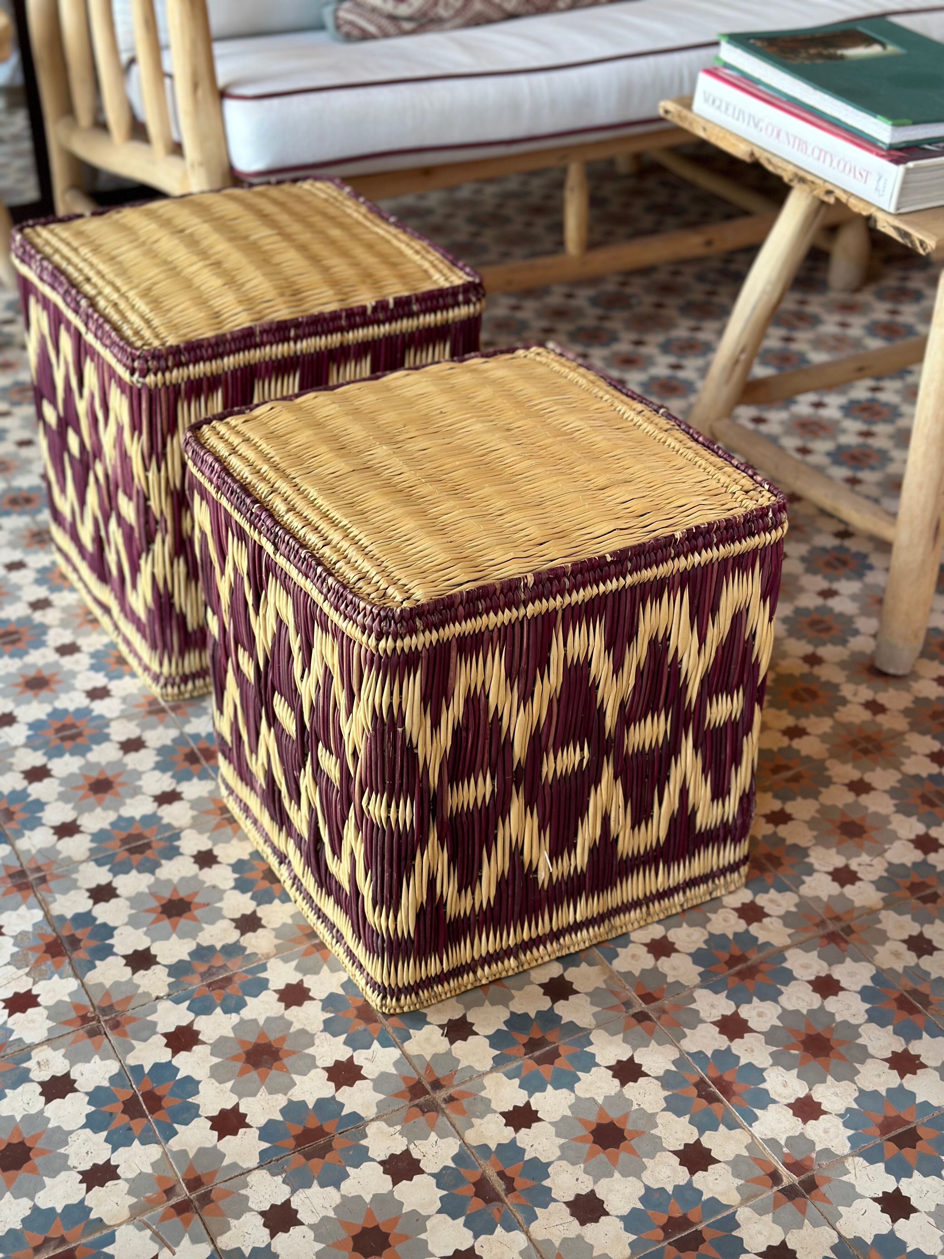 Set of two pouf seat cube rattan wicker graphic ikat red burgundy purple magenta