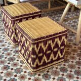 Set of two pouf seat cube rattan wicker graphic ikat red burgundy purple magenta