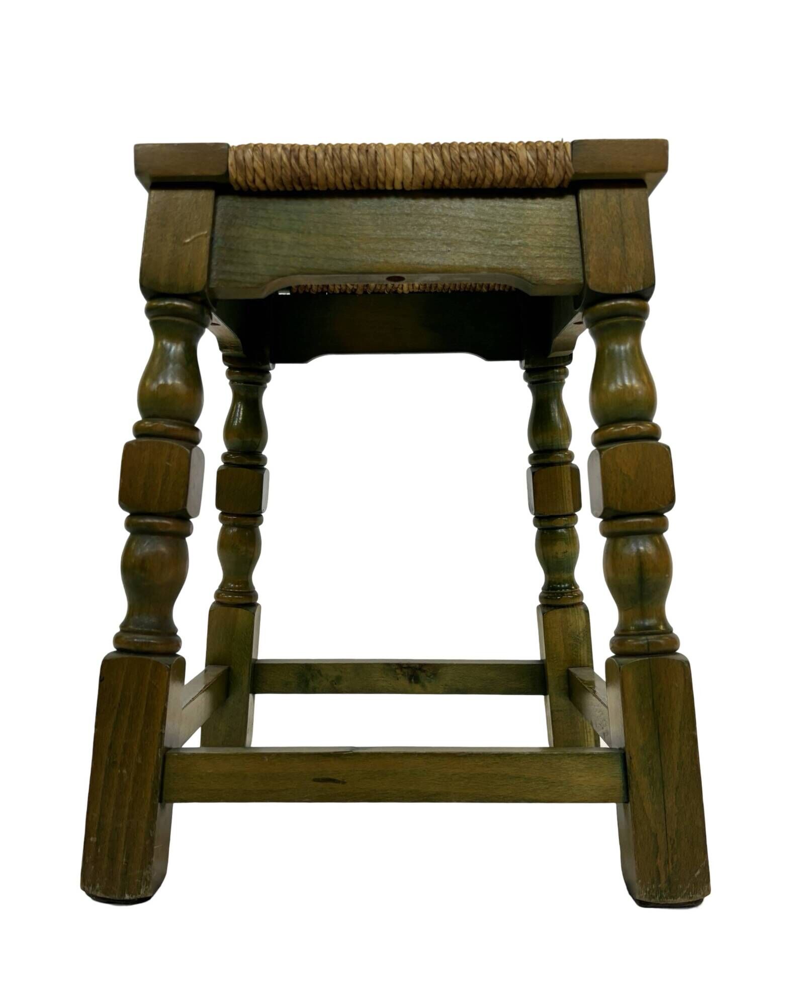 Vintage wooden stool straw seat 70s minimalist design in green