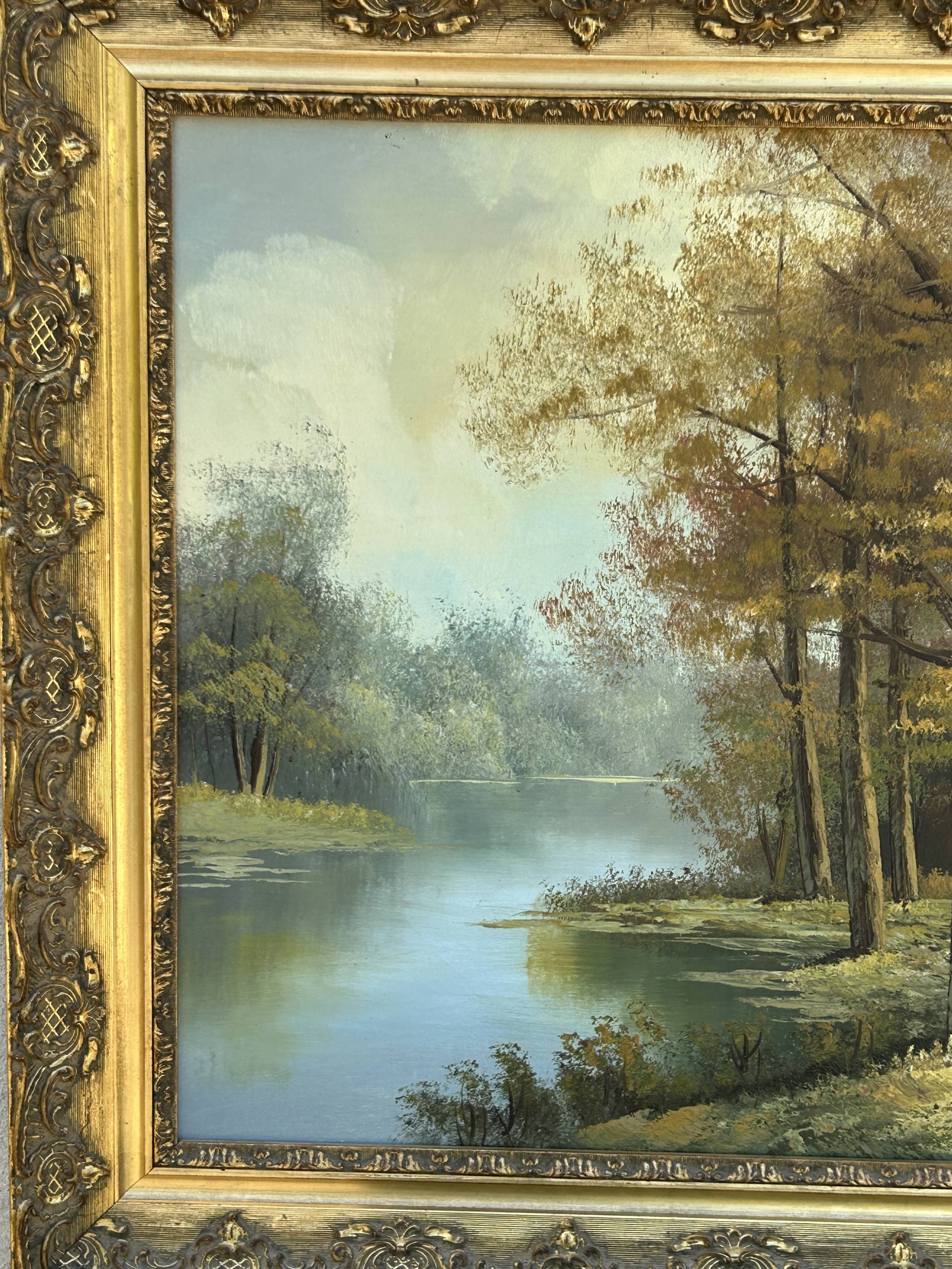 Oil on canvas, lakeside landscape, signature to be identified.