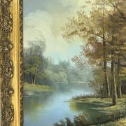 Oil on canvas, lakeside landscape with a signature to be identified.