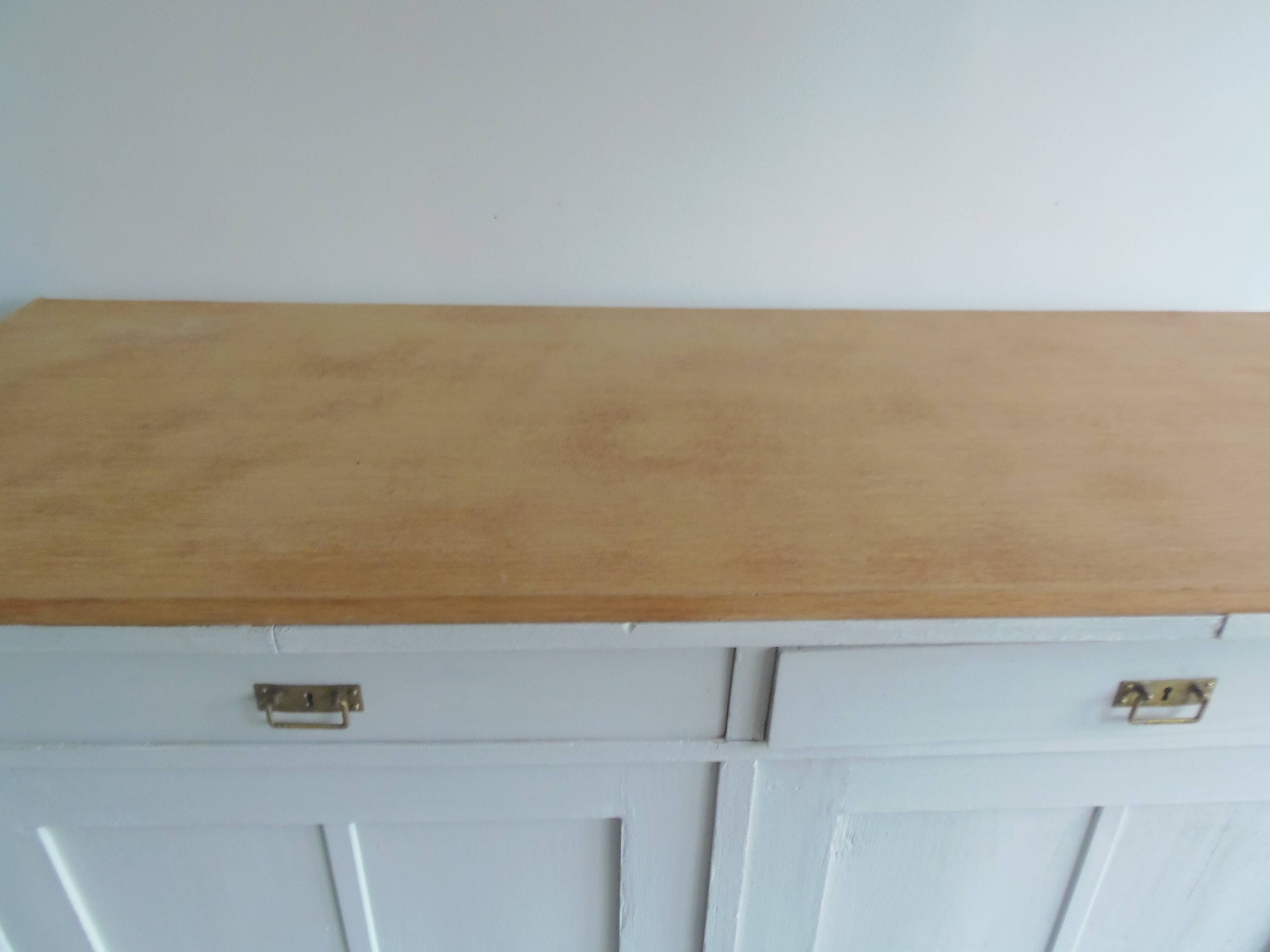 Vintage sideboard, 2 drawers, 1 shelf, 2 pearl gray patinated doors, wooden top.
