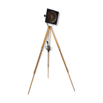 Black Enamel Industrial Spot Light Tripod Floor Lamp, 1970s