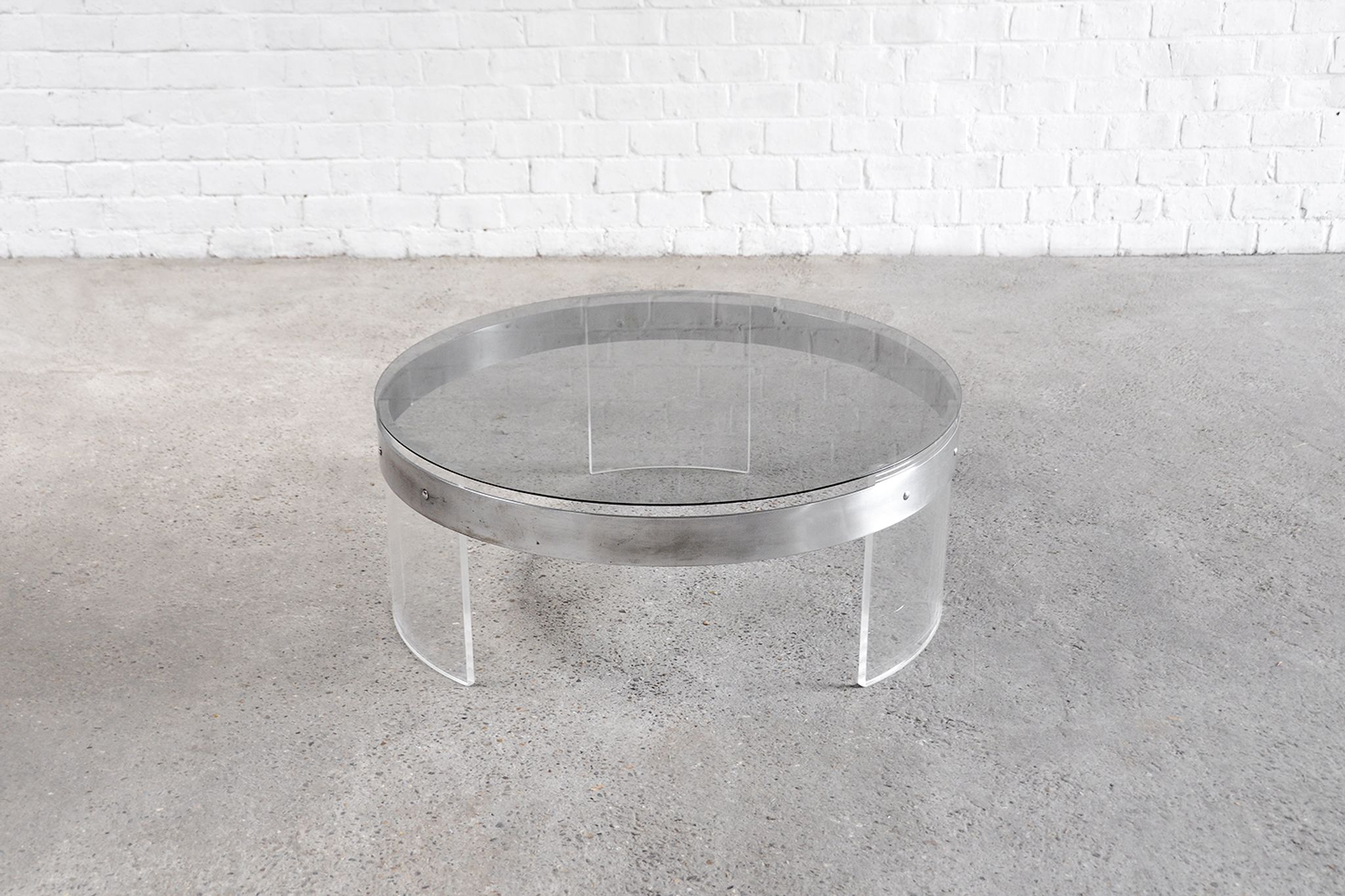 Vintage acrylic & steel glass coffee table, france 1970s