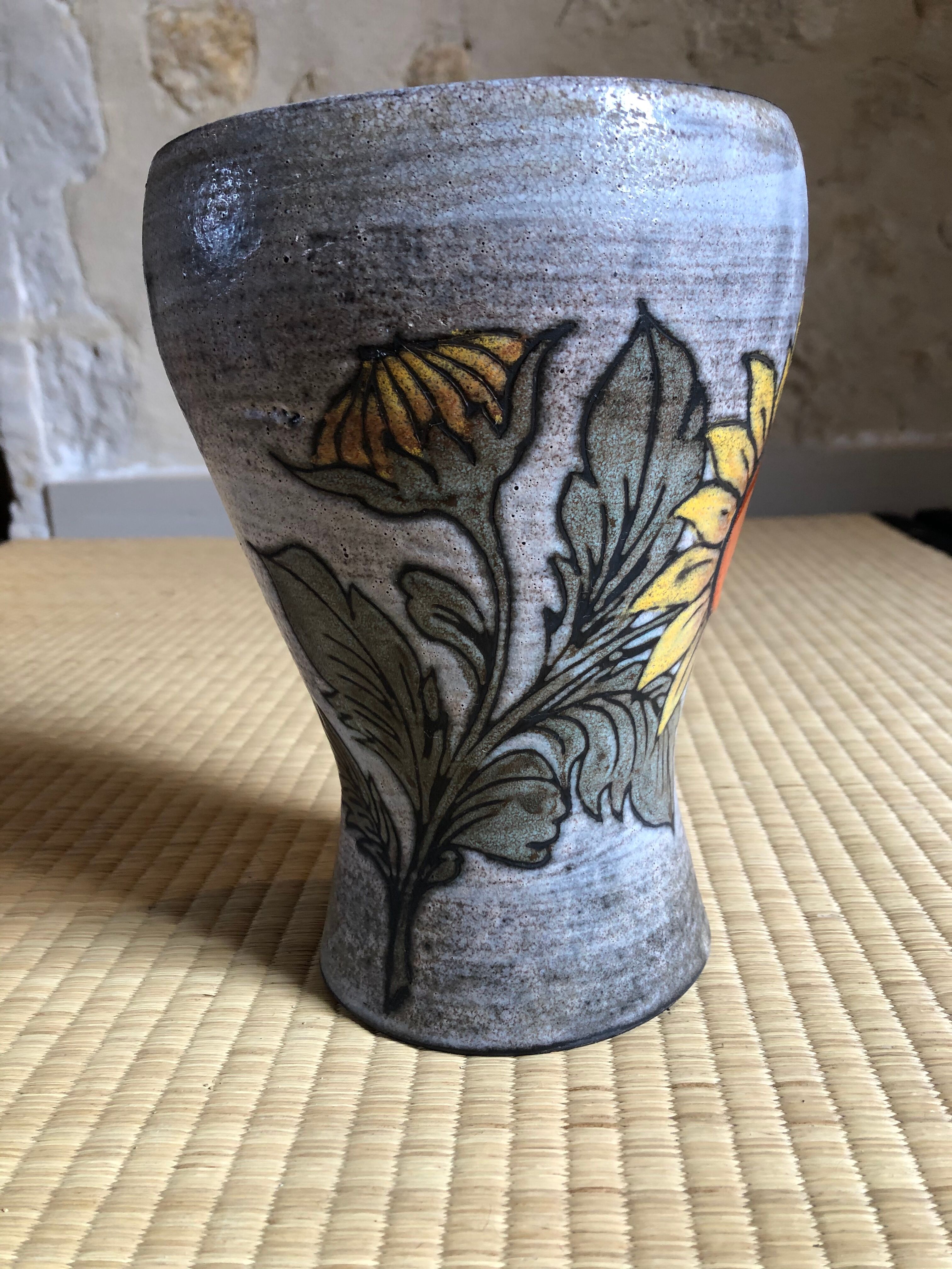 Sunflower vase signed Fonck and Matéo, Vallauris 60s