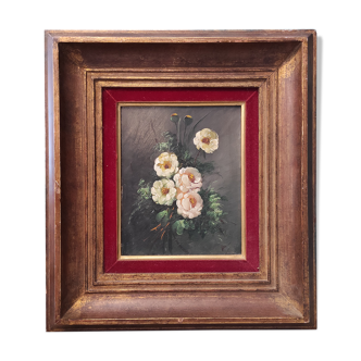 peinture à l’huile vintage français de fleurs signée à bord