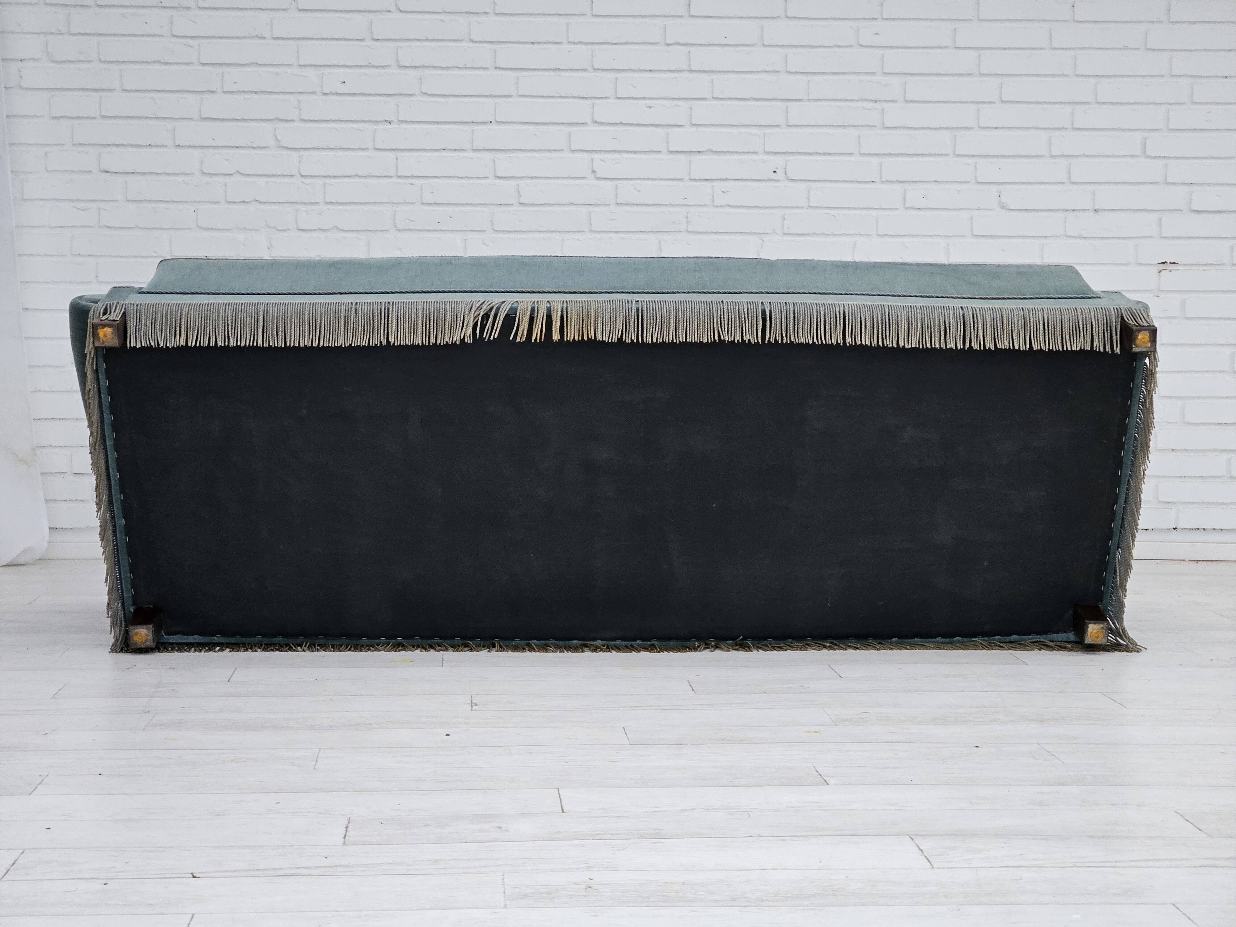 1960s, Danish 3 seater sofa, light blue velour, original good condition.
